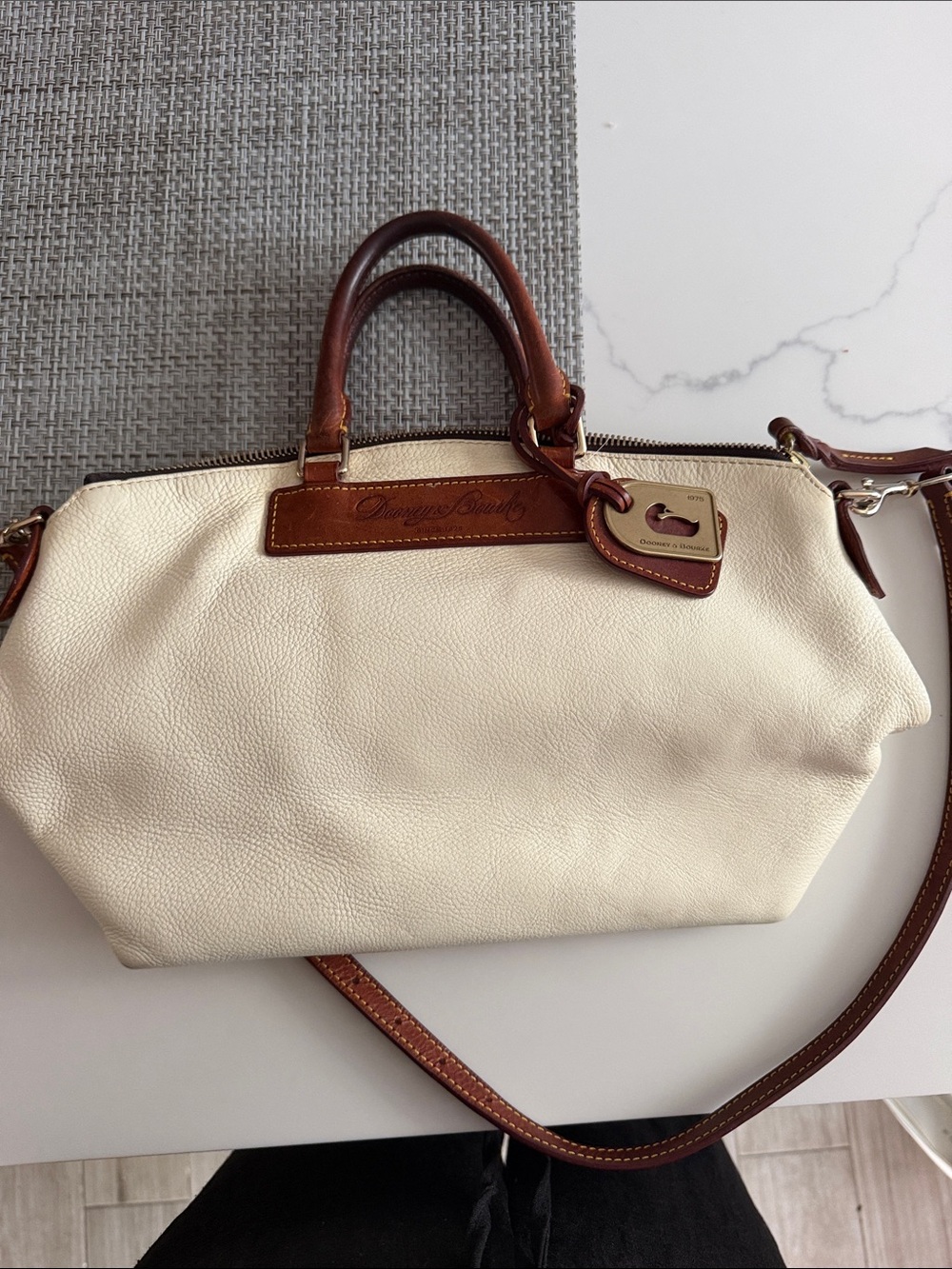 Dooney & Bourke Cream Leather Satchel with Brown Trim and Strap